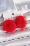 Kırmızı Tüylü Ponpon Model Kadın Küpe