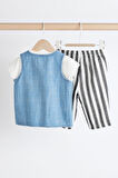 Next Baby Pamuklu Gülen Desenli Kısa Kollu Denim Yelek Çizgili Jogger Pantolon 3’lü Alt Üst Takım