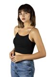 2'li Paket Kadın Siyah-beyaz Ip Askılı Pamuklu Crop Top Büstiyer Bluz Atlet