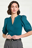Kadın Petrol Mavisi V Yaka Kısa Kollu Pamuklu Ribanalı Dokuma Balon Kol Şık Bluz - Kadın Bluz