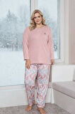 Kadın Çiçek Desen 3 Düğme Likralı Viskon Mevsimlik Büyük Beden Uzun Kol Pijama Takımı