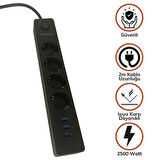 CT-STONES® Termak Akım Korumalı 4 Priz 3 USB Girişli Uzatma Kablosu Güç&Şarj