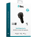 TTEC 2CKP02CS SmartCharger Duo PD 48W Araç İçi Hızlı Şarj Cihazı USB-C+USB-A - USB-C-USB-C 3A Kablo-Siyah