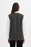 Kadın Siyah Monogram Desenli Cepli Triko Kilim Anne Yelek