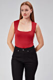 Astarlı Sıfır Kol Kare Yaka Dekolteli Çıtçıtlı Bodysuit