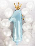 Taçlı 1 Rakam Mavi Folyo Balon 90 cm