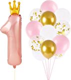 Taçlı 1 Rakam Pembe Folyo Balon Seti