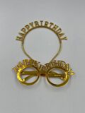 Plastik Happy Bırthday Taç Gözlük Gold 2 li Set