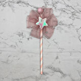 Pasta Üstü Çubuklu Tüllü Yıldız Süs Pembe 23 cm
