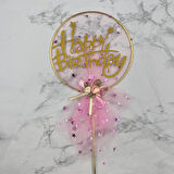 Pasta Üstü Happy Bırthday Metal Çubuklu Pembe Tüllü Süs 21 cm