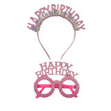 Plastik Happy Bırthday Simli Taç Gözlük Pembe 2 li Set