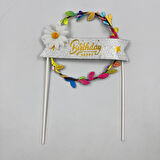 Lüks Pasta Üstü Çubuklu Happy Bırthday Yapraklı Işıklı Renkli  21 cm