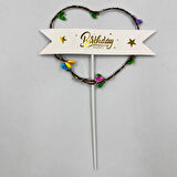 Lüks Pasta Üstü Çubuklu Happy Bırthday Kalp Desenli Cipsolu Işıklı 21 cm