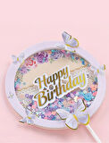 Pasta Üstü Dekoratif Çubuklu Happy Bırthday Kelebekli