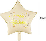 Retro Krem Happy Bırthday Baskılı Yıldız Folyo Balon 18 inç