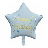 Retro Mavi Happy Bırthday Baskılı Yıldız Folyo Balon 18 inç