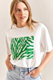 Baskılı Basic Bisiklet Yaka Örme T-Shirt Önü Yeşil