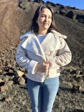 İçi Suni Kürklü Suni Süet Crop Biker Ceket