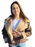 İçi Suni Kürklü Suni Süet Crop Biker Ceket
