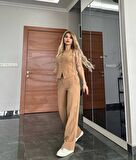 PANTALON YELEKLİ TAKIM İTHAL DABIL KUMAŞ Kadın Düğmeli Yelek Palazzo Geniş Paça Pantolon Ikili Takım