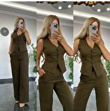 PANTALON YELEKLİ TAKIM İTHAL DABIL KUMAŞ Kadın Düğmeli Yelek Palazzo Geniş Paça Pantolon Ikili Takım