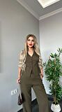 PANTALON YELEKLİ TAKIM İTHAL DABIL KUMAŞ Kadın Düğmeli Yelek Palazzo Geniş Paça Pantolon Ikili Takım