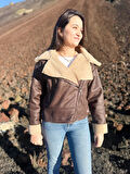 İçi Suni Kürklü Suni Süet Crop Biker Ceket