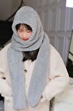 Scarf Gri Kapüşonlu Kadın Peluş Bere Atkı Kadın Welsoft Polar Boyunluk Şalı Rüzgar Geçirmez Şapka