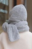 Scarf Gri Kapüşonlu Kadın Peluş Bere Atkı Kadın Welsoft Polar Boyunluk Şalı Rüzgar Geçirmez Şapka