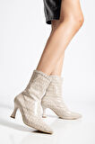 Kadın Bej Crocodile Bilekli Orta Boy Topuklu Bot  