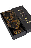 Esgue 8 Cm Hand Made Siyah - Gold Şal Desen Mendilli Kravat