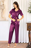 Saten Dantel Detaylı Pijama Takımı 4R.1O.1Z.1L.T. Mor
