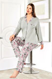 Çiçek Desenli Önü Düğmeli Battal Pijama Takımı Gri 8R.8O.0Z.2E.LT.