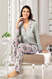 Çiçek Desenli Önü Düğmeli Pijama Takımı Gri 8R.6O.0Z.4L.T.