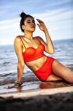 Kırmızı Yüksek Bel Bikini Alt Üst Takım