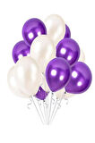 10 Adet Metalik Sedefli Parlak Mor Ve Beyaz Balon