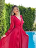 Uzun Kollu V Yaka Seyyar Kemerli Simli Kumaş Yeni Sezon Abiye Elbise Jn1609 1609