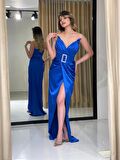 Straplez Sivri Yaka Beli Kemerli Yeni Sezon Saten Abiye Elbise Ht5038 5038