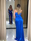 Straplez Sivri Yaka Beli Kemerli Yeni Sezon Saten Abiye Elbise Ht5038 5038