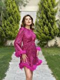 Uzun Kol Pul Payetli Oltrişli Mini Abiye Elbise 5252