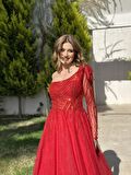 Tek Omuz Uzun Kol Tül Etek Abiye Elbise NOE3000