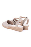 Gerçek Elişi Bej Topuğu Açık Bilekten Bantlı 3cm Dolgu Topuk Keten Hasır Espadril Handmade