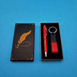 Kutulu Kırmızı Deri Anahtarlık ve Touchpen Tükenmez Kalem Hediye Seti