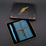 Siyah Kutulu Yaprak Desenli Mavi Deri Defter Ve Kalem Seti