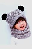 Bundera Panda Gri Çocuk Kapşonlu Peluş Bere Atkı Welsoft Boyunluk Rüzgar Geçirmez Kulaklı Şapka 2-3 Yaş
