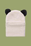 Bundera Panda Çocuk Kapşonlu Peluş Bere Atkı Welsoft Boyunluk Rüzgar Geçirmez Kulaklı Şapka 10-14 Yaş