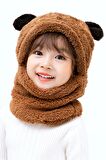 Bundera Panda Çocuk Kapşonlu Peluş Bere Atkı Welsoft Boyunluk Rüzgar Geçirmez Kulaklı Şapka Kahve