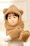 Babykid Çocuk Kapşonlu Peluş Bere Atkı Eldiven Welsoft  Boyunluk Rüzgar Geçirmez Kulaklı Şapka Kahve