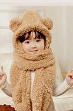 Babykid Çocuk Kapşonlu Peluş Bere Atkı Eldiven Welsoft  Boyunluk Rüzgar Geçirmez Kulaklı Şapka Kahve