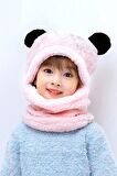 Bundera Panda Pembe Çocuk Kapşonlu Peluş Bere Atkı Welsoft Boyunluk Rüzgar Geçirmez Kulaklı Şapka 2-3 Yaş
